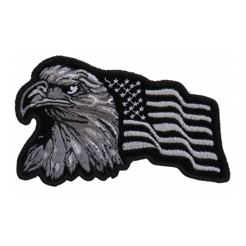 Eagle With Waving Flag Black Silver Patriotic Iron on Patch