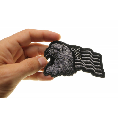 Eagle With Waving Flag Black Silver Patriotic Iron on Patch