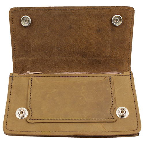 Leather Pull-Up Wallet with Chain - Brown