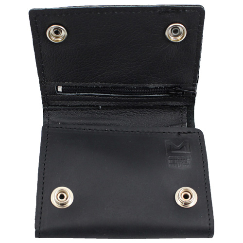 Leather Tri-Fold Wallet with Chain - Black