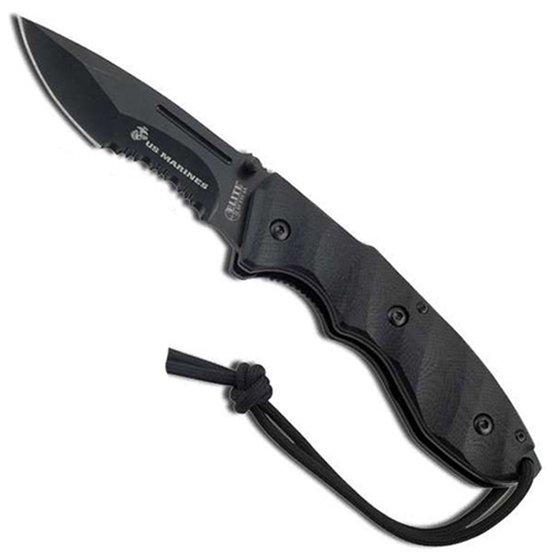 USMC Elite Tactical 3.75 4mm Thick Blade Black Handle Folding Knife
