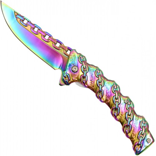 The Neptune Chain Pocket Knife boasts a stunning rainbow finish. With its unique design and practicality, it's perfect for everyday carry and outdoor activities.