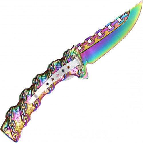 The Neptune Chain Pocket Knife boasts a stunning rainbow finish. With its unique design and practicality, it's perfect for everyday carry and outdoor activities.