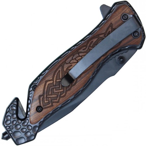 Unleash craftsmanship with the Neptune Celtic Black Folding Knife, adorned with Celtic wood accents. Elevate your collection with this unique blend of style and functionality.