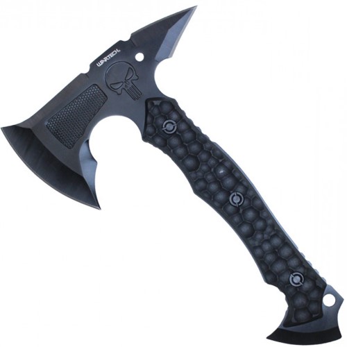 Unleash power with the Neptune Skull Crusher Axe, 9.75 inches of bold black design, complete with a sheath. Elevate your collection with this versatile and striking tool.