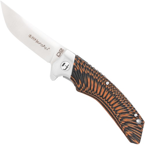 Honshu Sekyuriti Folding Knife: Black/Orange. Precision engineering. Available at Camouflage.ca.