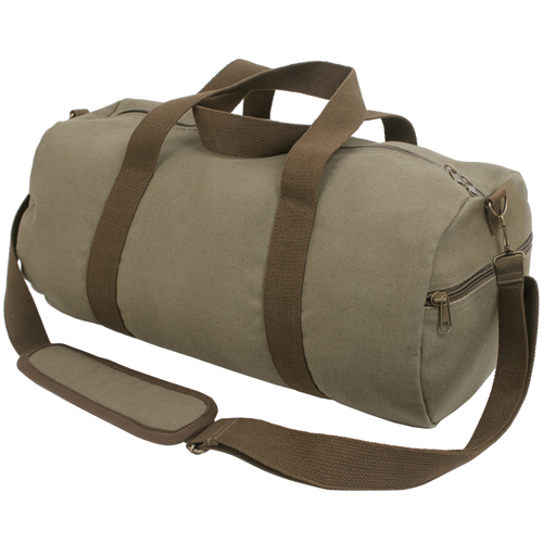Two-Tone Canvas Shoulder Duffle Bag - Vintage Olive with Brown Straps