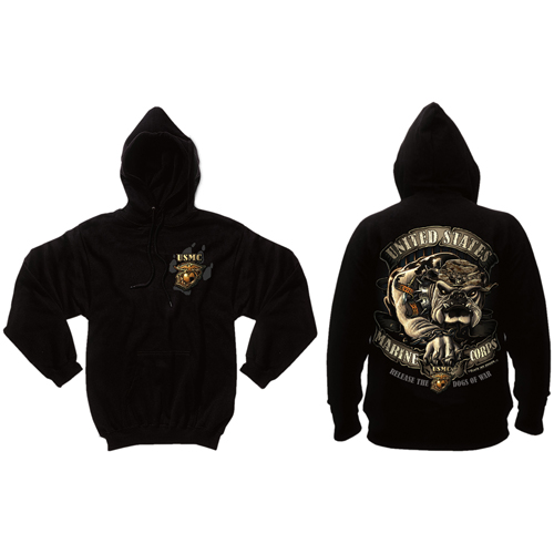 Mens Black Ink U.S.M.C. Bulldog Hooded Pullover Sweatshirt