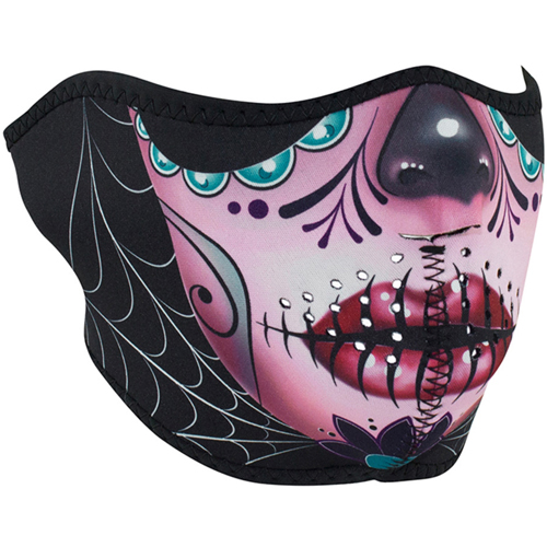 Zan Headgear Neoprene Sugar Skull Reversible to Purple Half Face Mask